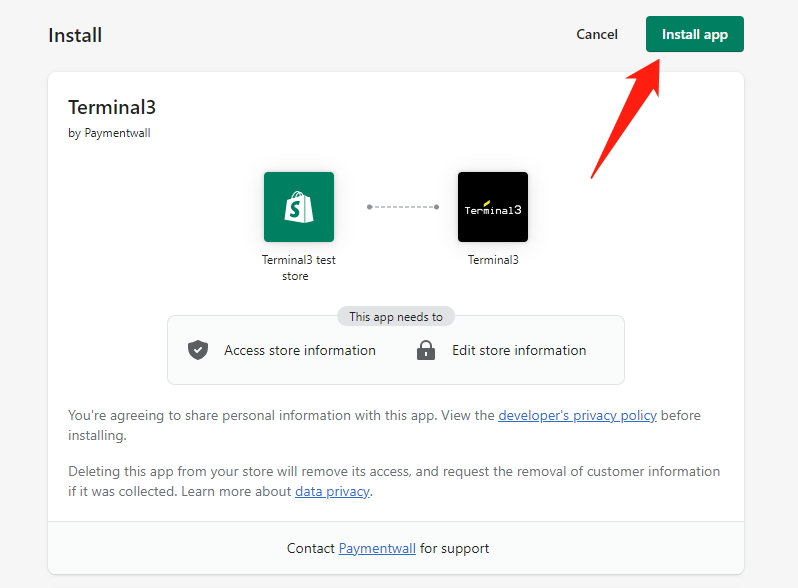 Shopify Terminal3 installation - install app