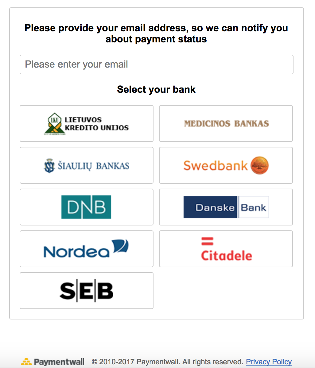 Bank Transfer Lithuania select screen