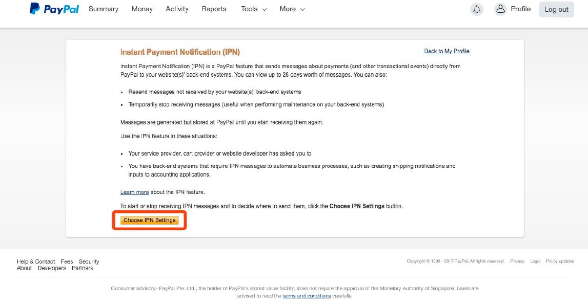 PayPal IPN settings