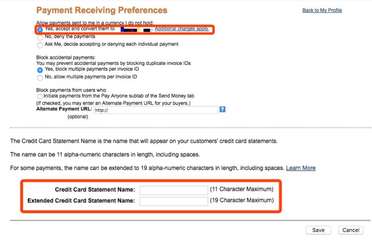PayPal payment receiving preference - extended cc name