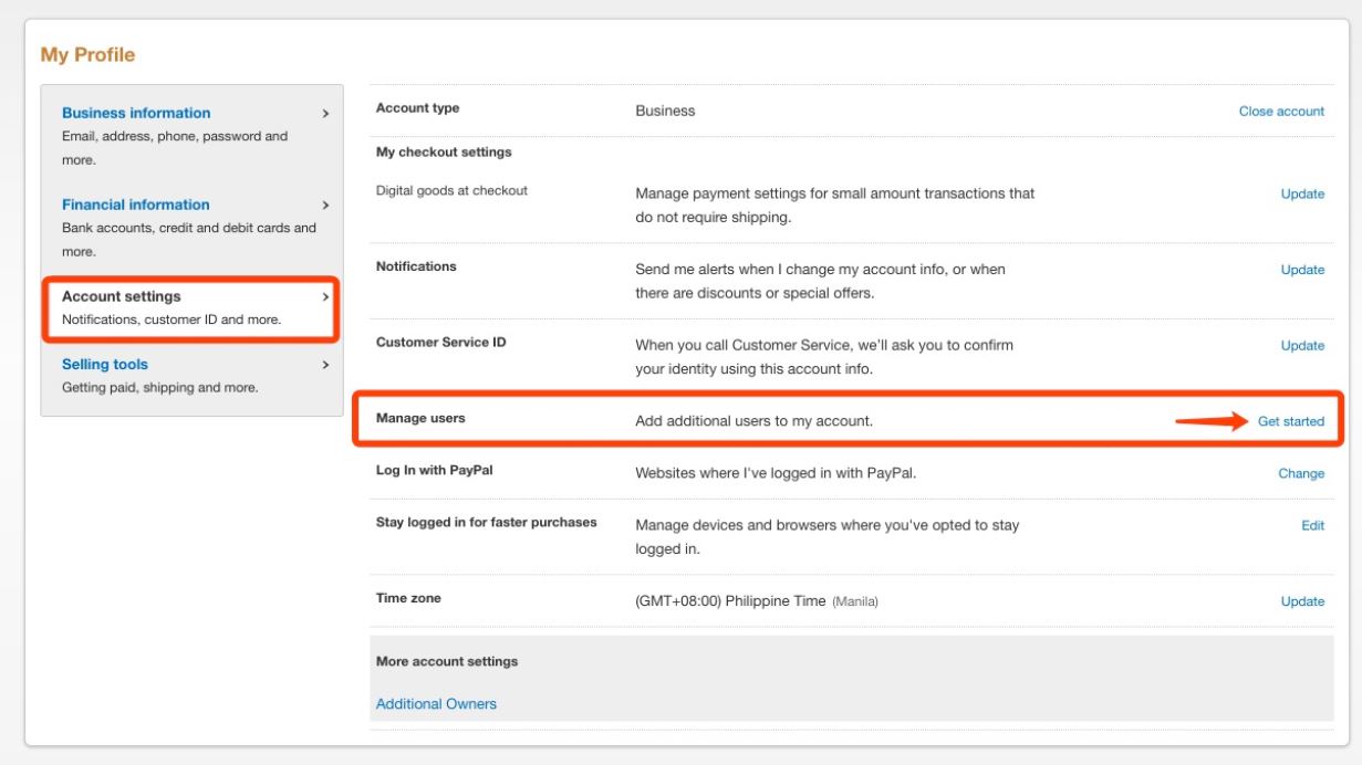 PayPal profile settings - manage users