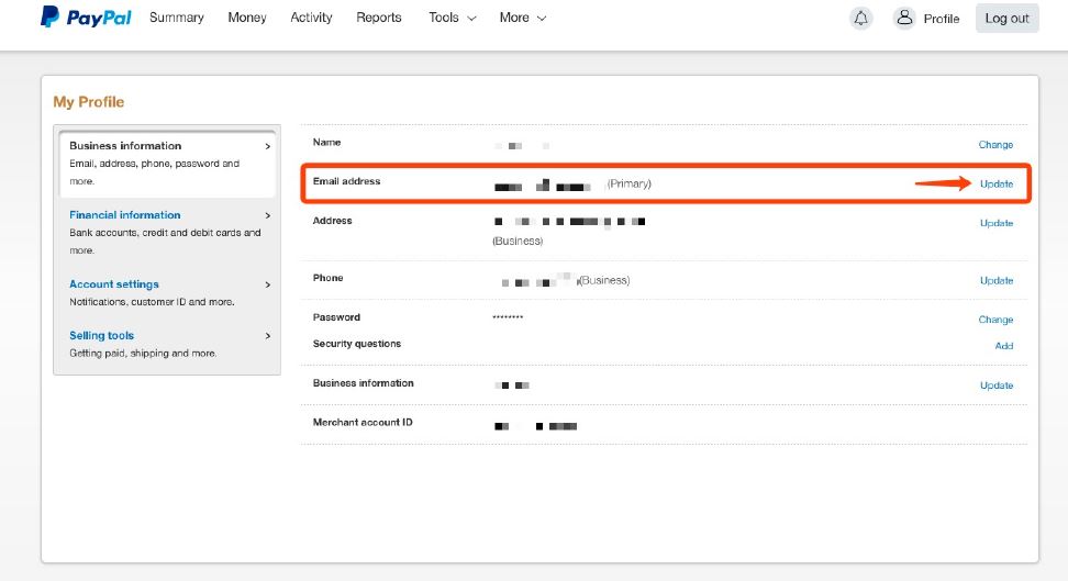 PayPal profile - biz information email