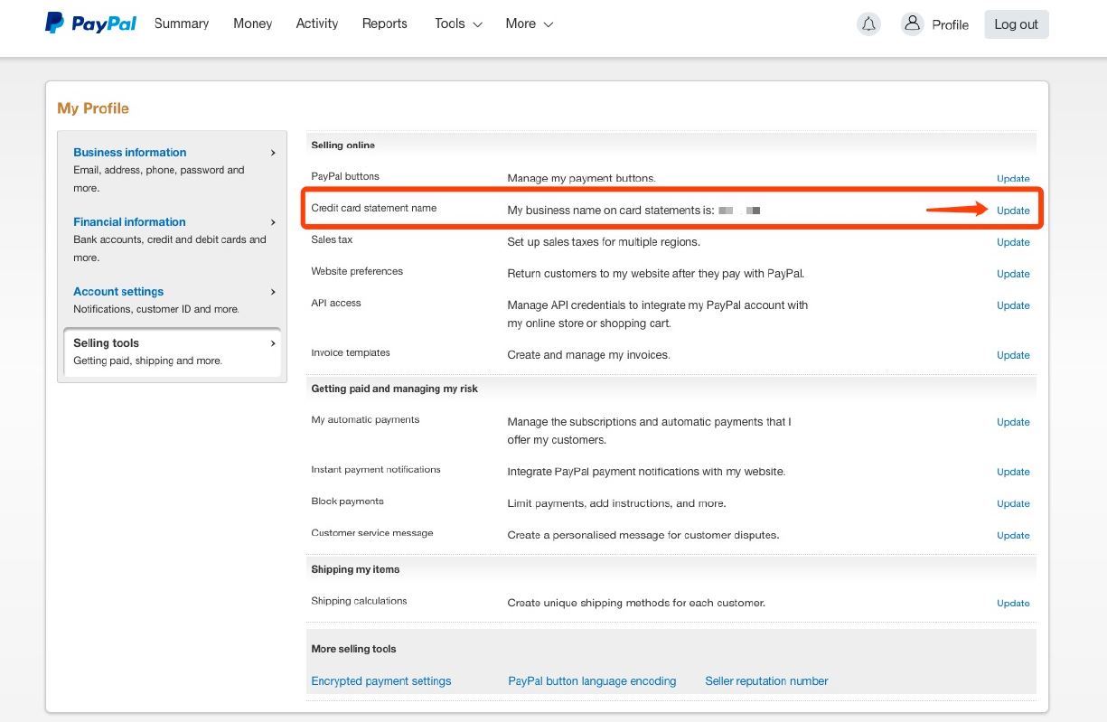 PayPal profile selling tools - cc statemnt