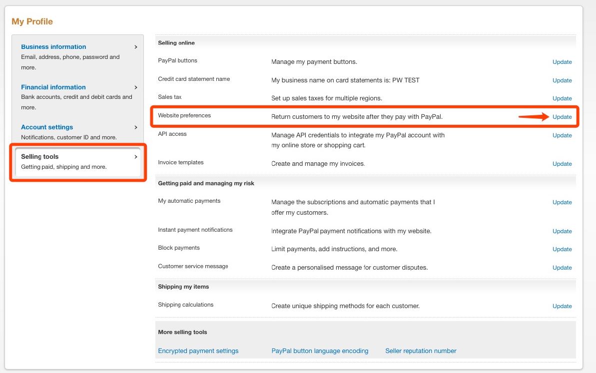 PayPal profile selling tools - website preference