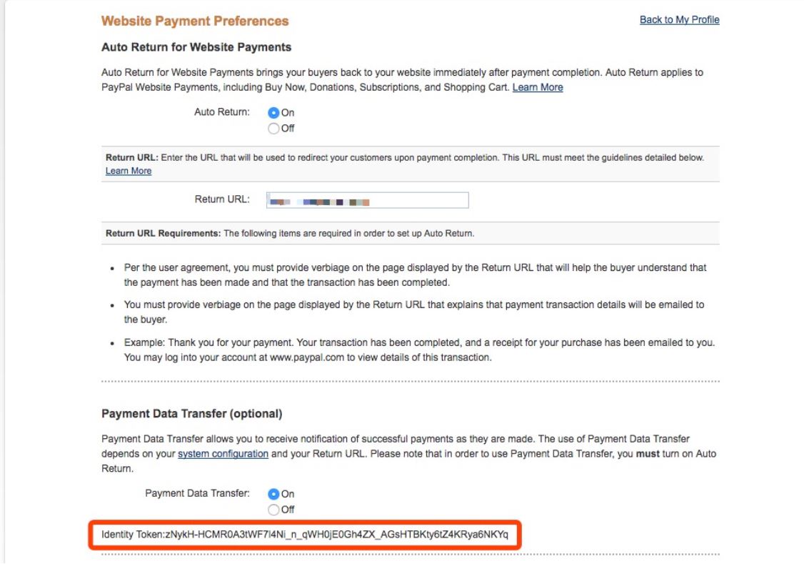 PayPal website - payment preference identity token