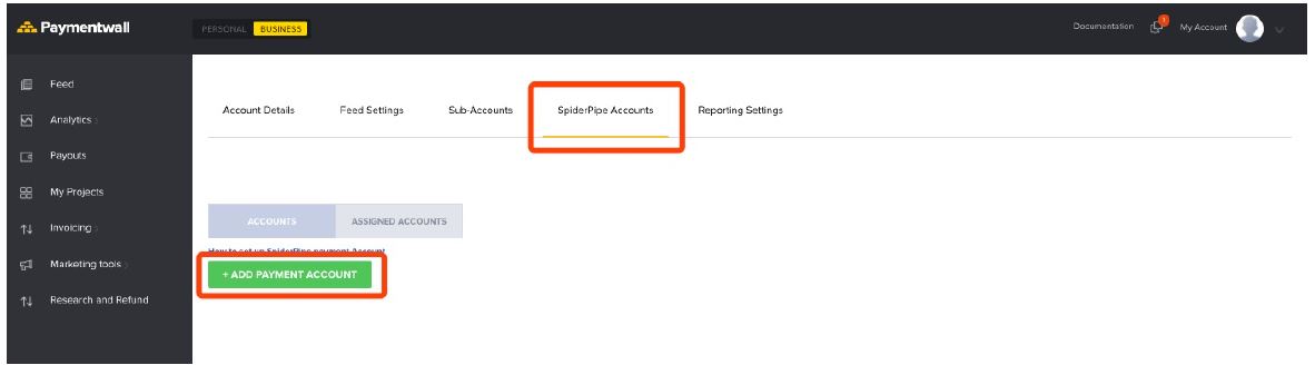 Paymnetwall account settings - add SpiderPipe account