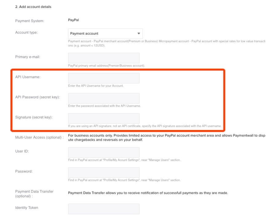 Terminal3 Payments account settings - SpiderPipe PayPal API details