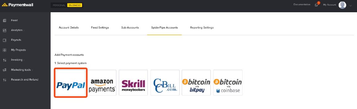 Terminal3 Payments account settings - SpiderPipe select PayPal